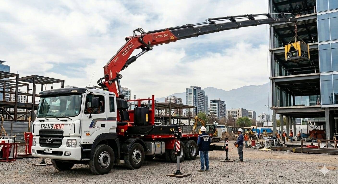 Camión pluma Transvent realizando izaje en obra