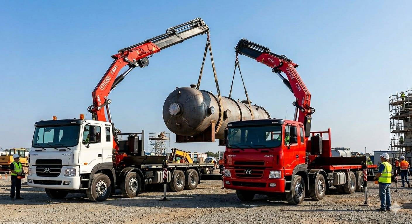 Operación de izaje con dos camiones pluma
