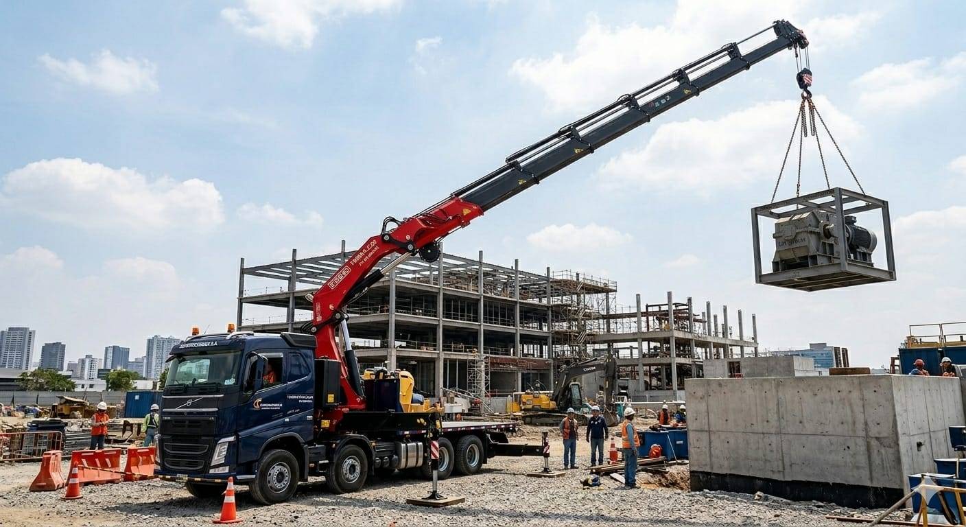Camión pluma levantando equipo en obra